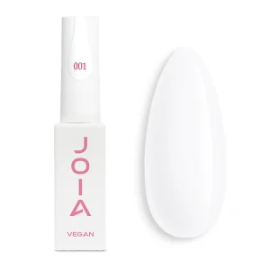 JOIA Vegan Gel Polish 001 Pure Milky White 6ml — bottle with painted nail tip