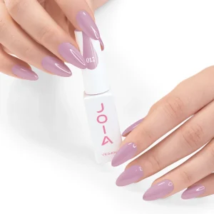 JOIA Vegan Gel Polish 012 Muted Mauve Pink 6ml — hand holding bottle with painted nails