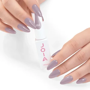 JOIA Vegan Gel Polish 014 Dusty Taupe Mauve 6ml — hand holding bottle with painted nails