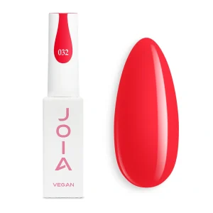 JOIA Vegan Gel Polish 032 True Red 6ml — bottle with painted nail tip