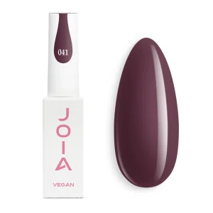 JOIA Vegan Gel Polish 041 Dark Plum Brown 6ml — bottle with painted nail tip