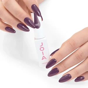 JOIA Vegan Gel Polish 042 Deep Aubergine 6ml — hand holding bottle with painted nails