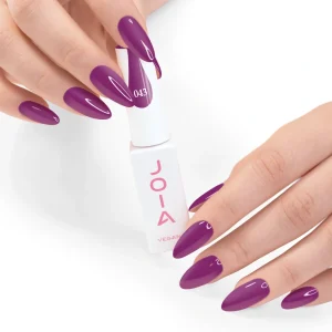 JOIA Vegan Gel Polish 043 Rich Berry Purple 6ml — hand holding bottle with painted nails